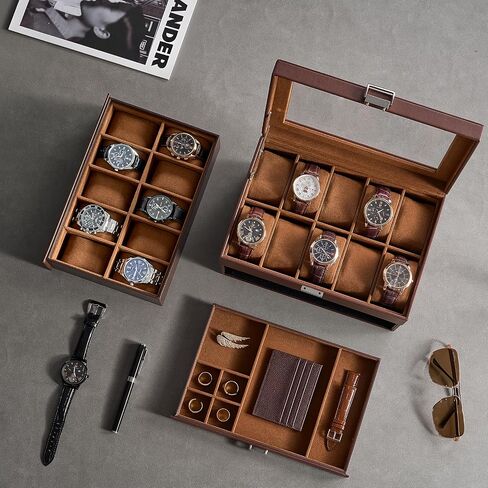 Procase 20 Slot Watch Box للرجال ، علبة عرض مراقبة من 3 طبقات مع غطاء زجاجي ، حامل مشاهدة مع درج ، منظم تخزين المجوهر in Saudi Arabia