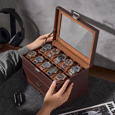 Procase 20 Slot Watch Box للرجال ، علبة عرض مراقبة من 3 طبقات مع غطاء زجاجي ، حامل مشاهدة مع درج ، منظم تخزين المجوهر in Saudi Arabia