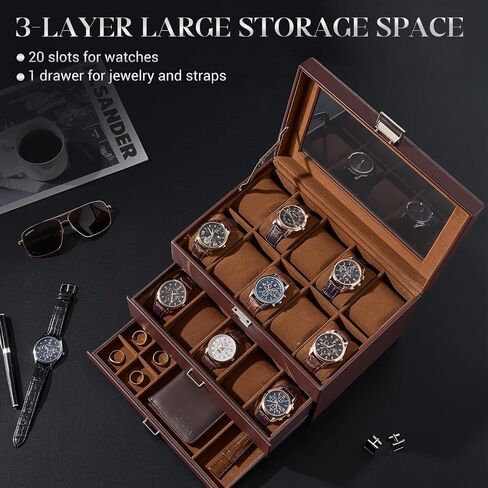 Procase 20 Slot Watch Box للرجال ، علبة عرض مراقبة من 3 طبقات مع غطاء زجاجي ، حامل مشاهدة مع درج ، منظم تخزين المجوهر in Saudi Arabia