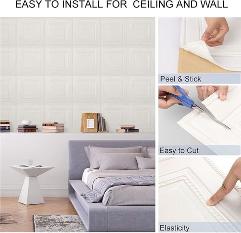 32 PCS Covered 42 Sq.Ft, Ceiling Tiles, Ceiling Tiles Peel and Stick, Self-Adhesive 3D Wall Panels Foam, Easy Intallation and Waterproof for Ceil and Wall Decor, White Modern Simple Square Pattern in Saudi Arabia