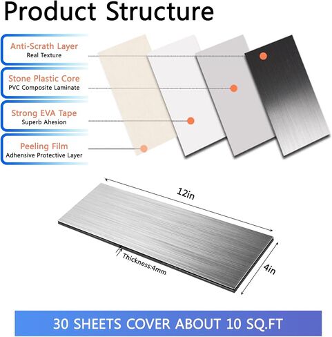 15 Pack (4"x12") Peel & Stick Aluminum Backsplash Tiles - 4mm Heavy-Duty Metal Wall Panels for Kitchen, RV, Bathroom, Fireplace - Scissor-Cuttable Waterproof DIY Install in Kuwait