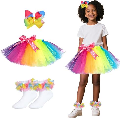 Girls Layered Tulle Rainbow Fluffy Ballet Tutu Skirt Sets,Toddler Girl Skirt with Linging,Hairbow and Socks. in Saudi Arabia