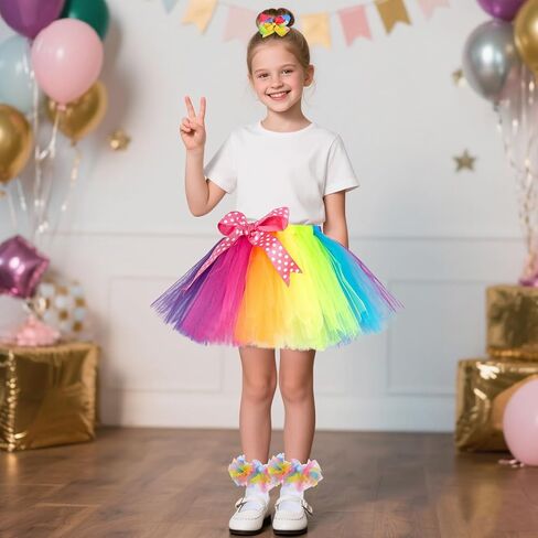 Girls Layered Tulle Rainbow Fluffy Ballet Tutu Skirt Sets,Toddler Girl Skirt with Linging,Hairbow and Socks. in Saudi Arabia