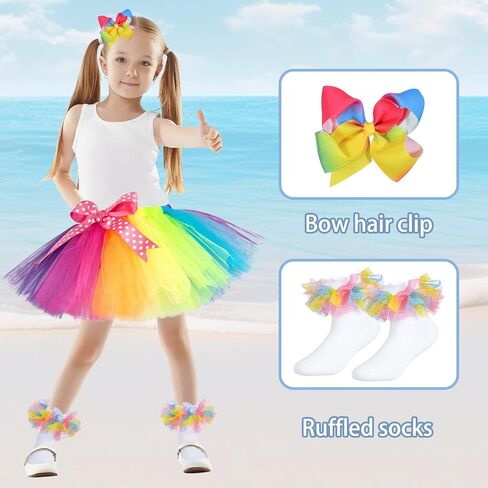 Girls Layered Tulle Rainbow Fluffy Ballet Tutu Skirt Sets,Toddler Girl Skirt with Linging,Hairbow and Socks. in Saudi Arabia
