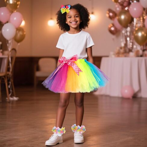 Girls Layered Tulle Rainbow Fluffy Ballet Tutu Skirt Sets,Toddler Girl Skirt with Linging,Hairbow and Socks. in Saudi Arabia