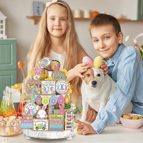 29 Pcs Easter Novel Bunny Tiered Tray Decor Easter Egg Wooden Centerpiece Signs with LED String Lights Colorful Easter Wooden Sign Bunny Gnome Sign Trays for Home Farmhouse Rustic Decor in Saudi Arabia