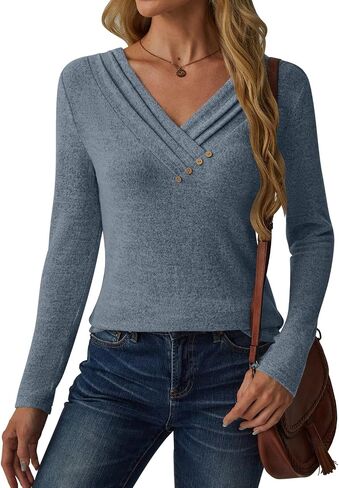 Women Long Sleeve Tunic Tops for Leggings V Neck Button Loose T Shirts 2025 Fall Dressy Casual Blouse Sweatshirt Sweater in Saudi Arabia