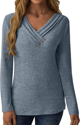 Women Long Sleeve Tunic Tops for Leggings V Neck Button Loose T Shirts 2025 Fall Dressy Casual Blouse Sweatshirt Sweater in Saudi Arabia