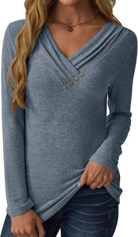 Women Long Sleeve Tunic Tops for Leggings V Neck Button Loose T Shirts 2025 Fall Dressy Casual Blouse Sweatshirt Sweater in Saudi Arabia