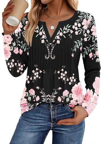 Zeagoo Womens Long Sleeve Tops 2025 V Neck Pleated Shirts Dressy Casual Tunic Blouses Loose Fit Fall Fashion Clothes in Saudi Arabia