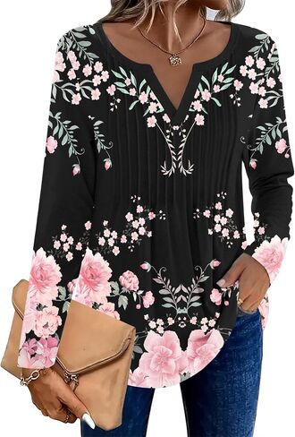 Zeagoo Womens Long Sleeve Tops 2025 V Neck Pleated Shirts Dressy Casual Tunic Blouses Loose Fit Fall Fashion Clothes in Saudi Arabia