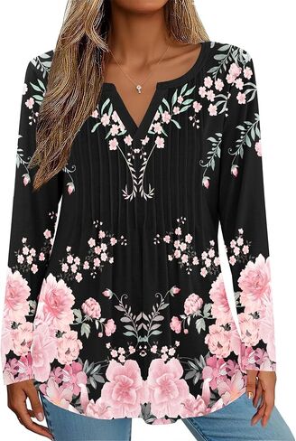 Zeagoo Womens Long Sleeve Tops 2025 V Neck Pleated Shirts Dressy Casual Tunic Blouses Loose Fit Fall Fashion Clothes in Saudi Arabia