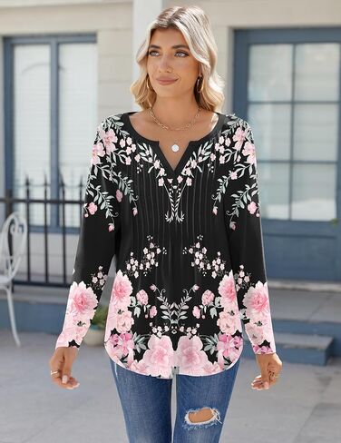 Zeagoo Womens Long Sleeve Tops 2025 V Neck Pleated Shirts Dressy Casual Tunic Blouses Loose Fit Fall Fashion Clothes in Saudi Arabia