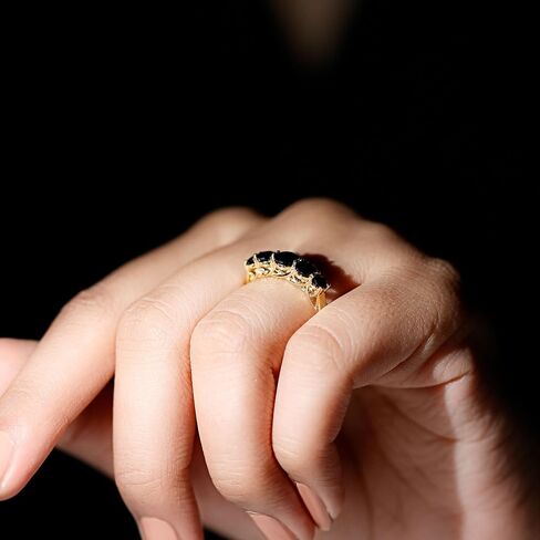 Certified Black Onyx Round 5 Stone Wedding Ring, AAA Quality, Real Black Onyx Anniversary Ring (Ready to Gift) in Saudi Arabia