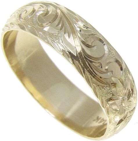 Arthur's Jewelry 14K yellow gold hand engraved Hawaiian plumeria scroll ring diamond cut edge 6mm in Saudi Arabia
