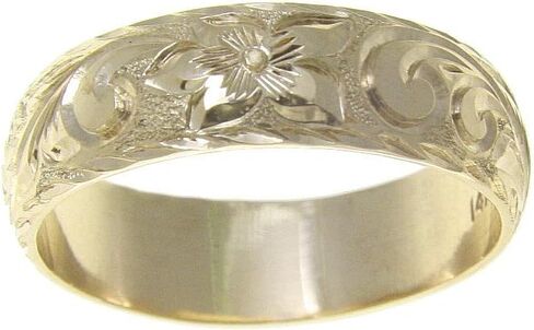 Arthur's Jewelry 14K yellow gold hand engraved Hawaiian plumeria scroll ring diamond cut edge 6mm in Saudi Arabia