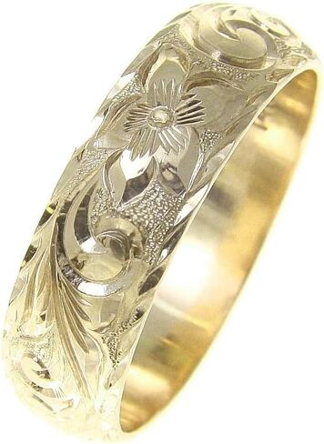 Arthur's Jewelry 14K yellow gold hand engraved Hawaiian plumeria scroll ring diamond cut edge 6mm in Saudi Arabia
