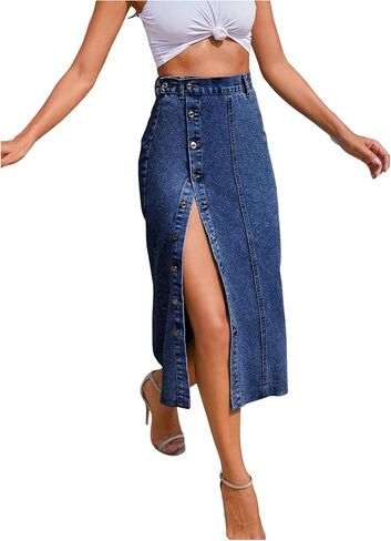 Wdirara Women's Denim Denim Midi Skirt Button Down High Phensed Jean Skirt in Kuwait