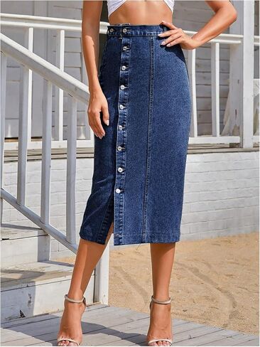 Wdirara Women's Denim Denim Midi Skirt Button Down High Phensed Jean Skirt in Kuwait