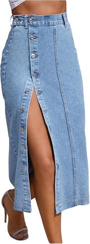 Wdirara Women's Denim Denim Midi Skirt Button Down High Phensed Jean Skirt in Kuwait