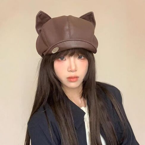 PU Leather Berets for Women Autumn Winter Cute Cat Ears Newsboy Hat Y2K Girls Retro Artist Painter Hats in Saudi Arabia