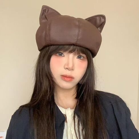 PU Leather Berets for Women Autumn Winter Cute Cat Ears Newsboy Hat Y2K Girls Retro Artist Painter Hats in Saudi Arabia