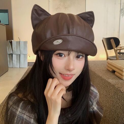 PU Leather Berets for Women Autumn Winter Cute Cat Ears Newsboy Hat Y2K Girls Retro Artist Painter Hats in Saudi Arabia