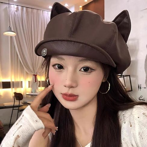 PU Leather Berets for Women Autumn Winter Cute Cat Ears Newsboy Hat Y2K Girls Retro Artist Painter Hats in Saudi Arabia