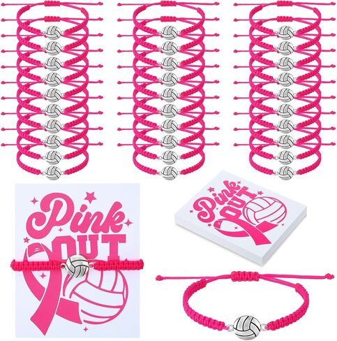 Tondiamo 30 Pieces Pink Out Volleyball Charm Bracelet Adjustable Bracelets with 30 Pcs Cardboard Volleyball Team Gifts for Team Players in Saudi Arabia