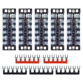 Terminal Strip Blocks, 5 Sets 10 Positions 600V 15A Waterproof Terminal Junction Block with Cover Dual Row Screw Terminal Strip + 400V 15A Pre-Insulated Terminal Barrier Strip Jumper