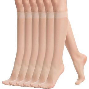 albagu Womens 6 Pairs Knee High Sheer Tight Stockings Silky Ultra Thin Through High Elasticity Stockings Reinforced Toe