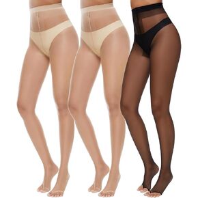MANZI 3 Pairs Toeless Pantyhose Tights for Women Ultra Thin 10D Toe Open Control Top Pantyhose