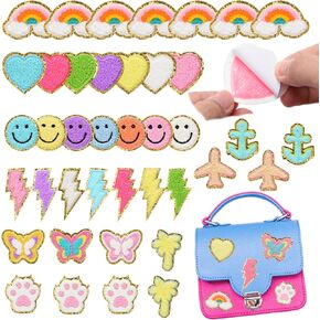 Jspupifip 40 Pcs Chenille Embroidered Patches, Self Adhesive Glitter Patches Flowers Stars Hearts Rainbows Butterflies Cat Paws Diamonds Lightning Fabric Stickers for Clothes Repair Decor Accessories