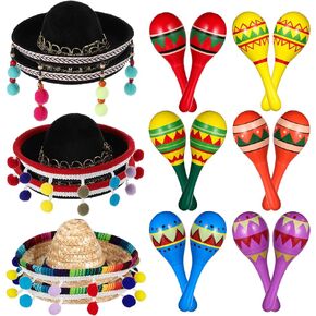 Honoson 12 Pcs Wooden Fiesta Maracas 6 Pcs Mini Sombrero Top Hat for Kids Festival Mexican Party Decorations (Fresh Style)