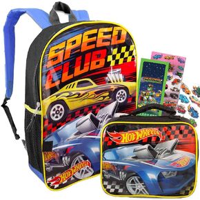 Hot Wheels Backpack with Lunchbox Set for Boys Kids ~ 2 Pc Bundle with Deluxe 16" Hot Wheels Racecar Backpack and Insulated Lunch Bag with Stickers, Tattoos, and More (Hot Wheels School Supplies)