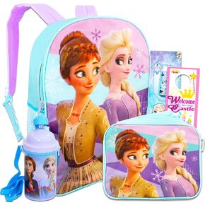 Disney Frozen Anna and Elsa Backpack School Supplies Set for Girls ~ Bundle with 16" Frozen School Bag, Lunch Bag, Plastic Water Bottle, Frozen Stickers, and More.
