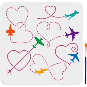 MAYJOYDIY 6 Styles Airplane Love Track Stencil 11.8×11.8inch Airplane Stencil Template with Paint Brush Aircraft Flight Trajectory Drawing Template for Valentine's Day Craft Furniture