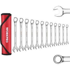 WORKPRO 12-Piece Combination Wrench Set, SAE 1/4"-7/8", Premium Cr-V Wrench Sets, 12PT, Mirror Polish Chrome Plating with Rolling Pouch