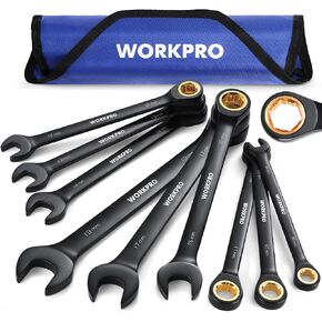 WORKPRO 9-Piece Anti-Slip Ratcheting Wrench Set, Metric 8-19 mm, 72-Tooth, Cr-V, Black Ratchet Combination Wrenches with Roll Up Pouch