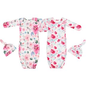 Newborn Baby Sleeper Gown with Hat Knotted Gown Nightgown Coming Home Outfits for Baby Girl 2 Pieces Set