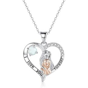 CiNily 925 Sterling Silver Heart Necklace for Women, Mother and Daughter Heart Opal Pendants Necklace I Love You Forever Jewelry Gifts for Mothers Day Birthday Valentines Girlfriend Necklaces 16"+2"