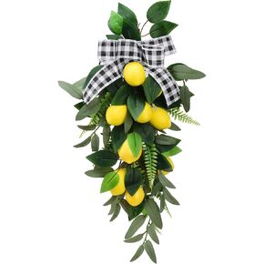 24 inch Artificial Lemon Teardrop Swag for Front Door Spring Summer Lemon Wreath with Lemons Bows and Green Leaves Fake Lemon Fruits Decoration for Wall Window Kitchen Home Decor(#1)