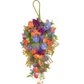 25.2 Inch Artificial Daisy Teardrop Swag Colorful Floral Swag with Green Leaves Daisy Flower Swag Wreath for Front Door Indoor Outdoor Window Decor, 1pcs-25.2 inch
