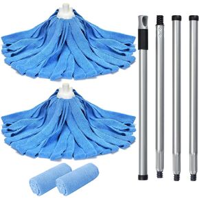 Matthew Microfiber Cloth Mop Compatible with Ceda Microfiber Cloth Mop Refill Commercial Mop Replacement 54" Stainless Steel Handle with 2 Wet Mop Heads w/1 Handle Incl.2Pcs Microfiber Cloth-Blue