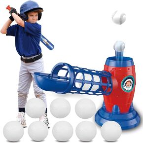 Automatic Kids Baseball Pitching Machine with 8 Balls, Electronic T Ball Tee Ball Set Baseball Pitcher Swing Trainer for Children Toddler, Great Gift Idea for Christmas, Birthday