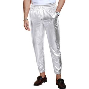 TURETRENDY Mens Metallic Shiny Pants 70's Disco Party Dance Leg Trousers Drawstring Nightclub Pant