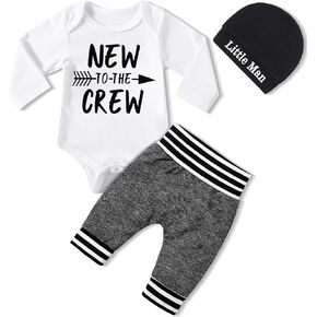 Newborn Baby Boy Clothes New To The Crew Letter Print Romper+Pants+Striped Hat 3pcs Infant Outfits Set