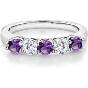 Gem Stone King 925 Sterling Silver Purple Amethyst and White Moissanite 5-Stone Wedding Anniversary Band Ring For Women (0.80 Cttw, Gemstone February Birthstone, Available In Size 5, 6, 7, 8, 9)