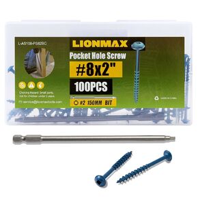 Pocket Hole Screws 2-1/2 Inch, LIONMAX Pocket Screws #8 x 2-1/2" 300PCS for Exterior, Blue Coated Pocket Hole Screw, Coarse Thread, Washer Head with Square Drive, 150MM Drive Bit Included