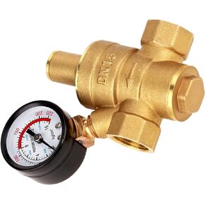 DN15 232PSI Water Pressure Regulator Valve, Brass Adjustable Water Pressure Reducer with Gauge for Tap Water Equipment